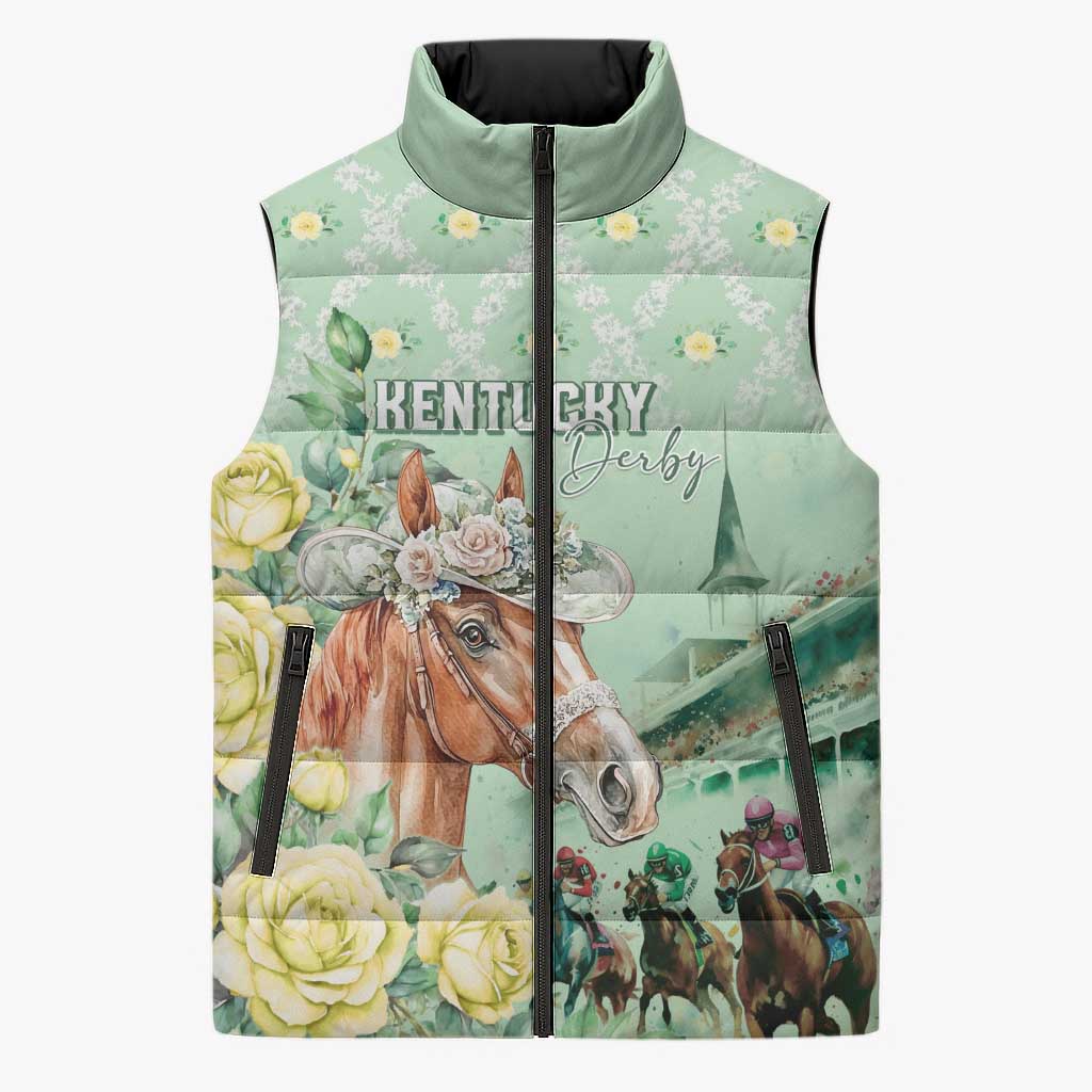 Personalized Kentucky Horse Racing Sleeveless Puffer Jacket Rose Diamond Pattern Mint