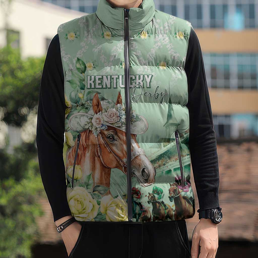Personalized Kentucky Horse Racing Sleeveless Puffer Jacket Rose Diamond Pattern Mint
