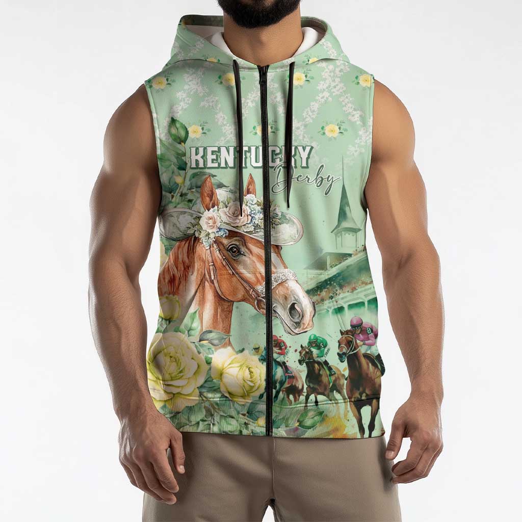 Personalized Kentucky Horse Racing Sleeveless Zip Hoodie Rose Diamond Pattern Mint