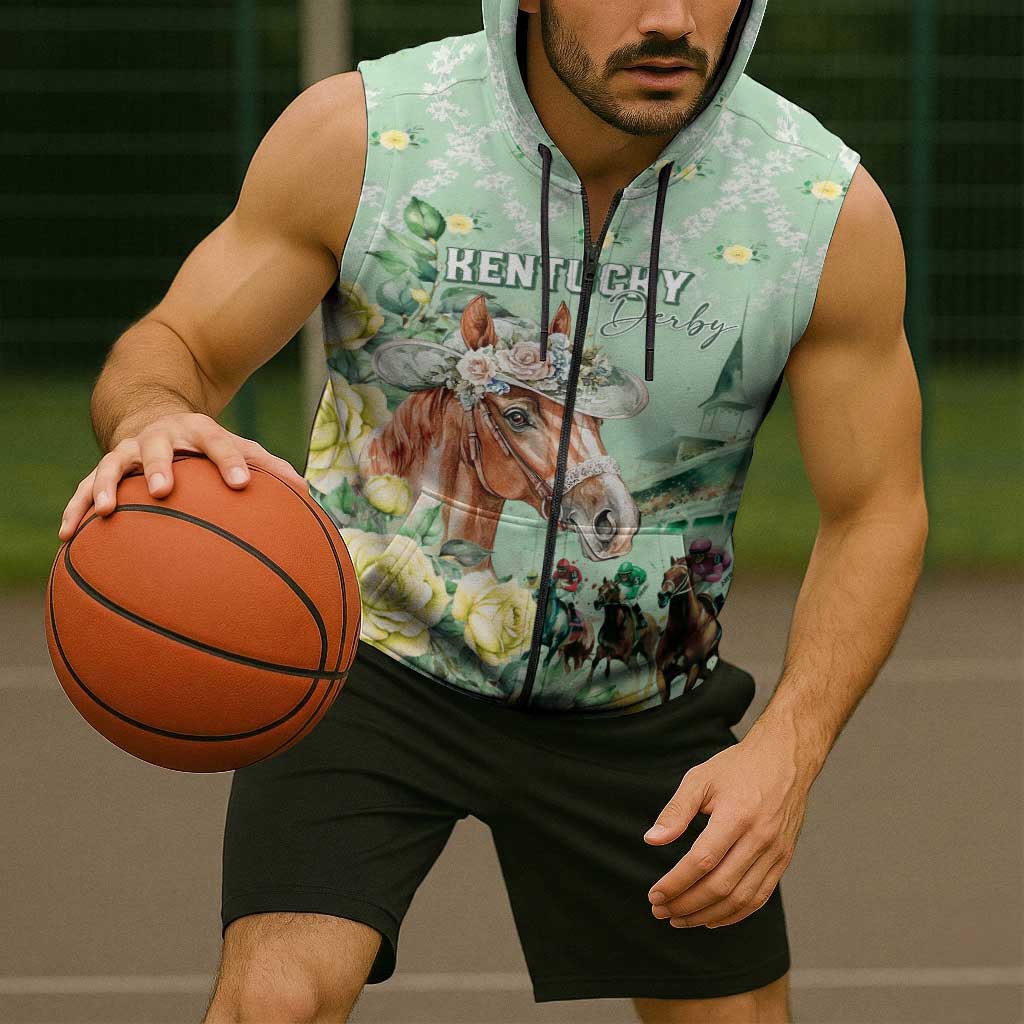 Personalized Kentucky Horse Racing Sleeveless Zip Hoodie Rose Diamond Pattern Mint