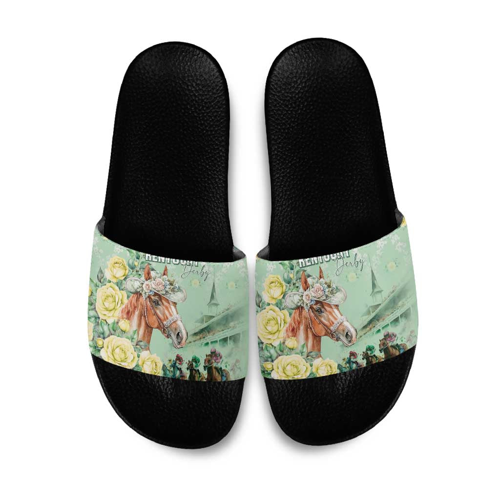 Kentucky Horse Racing Slide Sandals Rose Diamond Pattern Mint