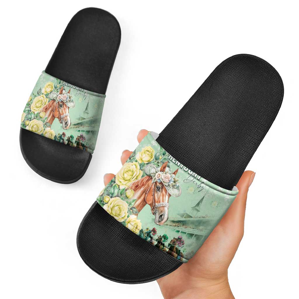 Kentucky Horse Racing Slide Sandals Rose Diamond Pattern Mint