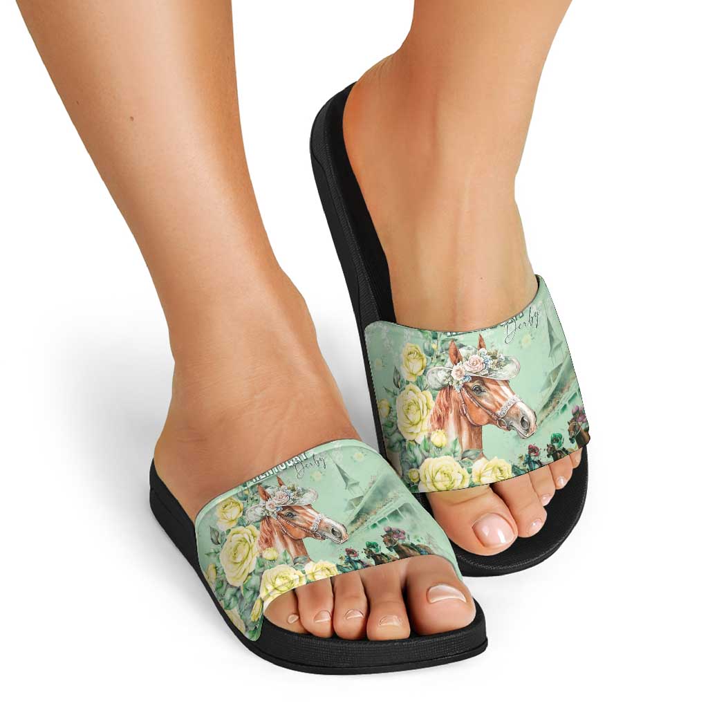 Kentucky Horse Racing Slide Sandals Rose Diamond Pattern Mint