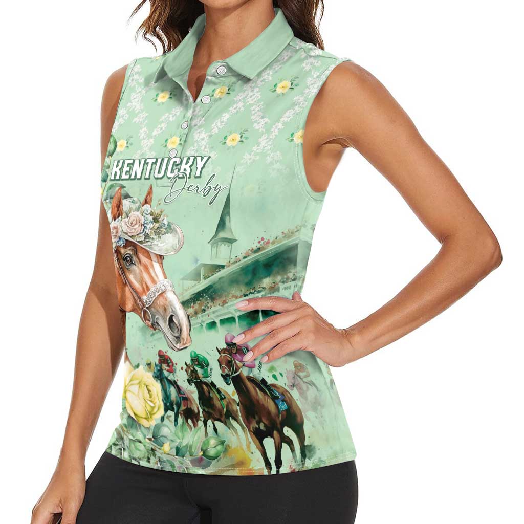 Personalized Kentucky Horse Racing Women Sleeveless Polo Shirt Rose Diamond Pattern Mint
