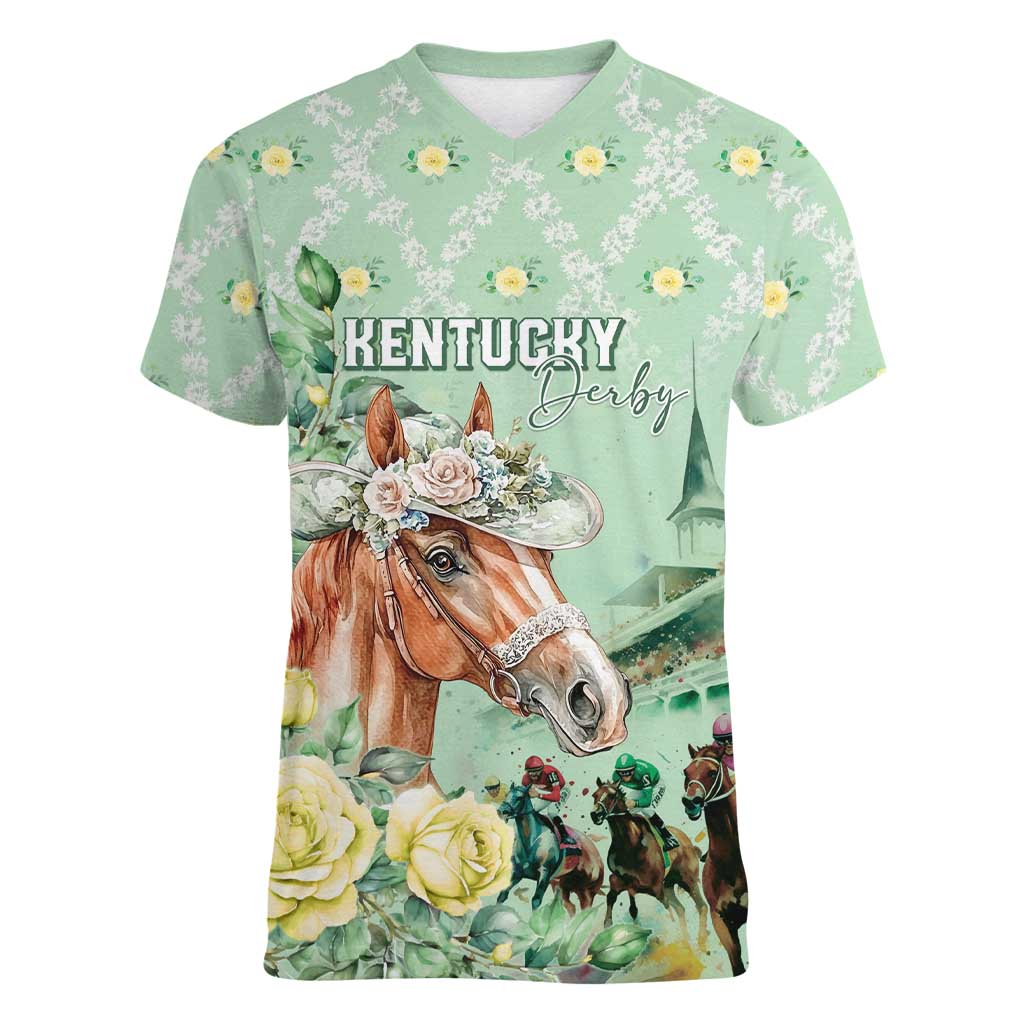 Personalized Kentucky Horse Racing Women V-Neck T-Shirt Rose Diamond Pattern Mint