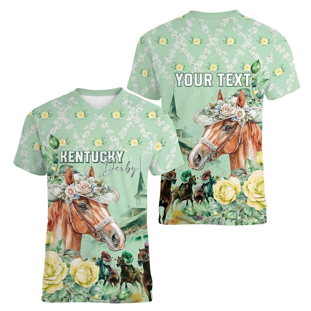Personalized Kentucky Horse Racing Women V-Neck T-Shirt Rose Diamond Pattern Mint