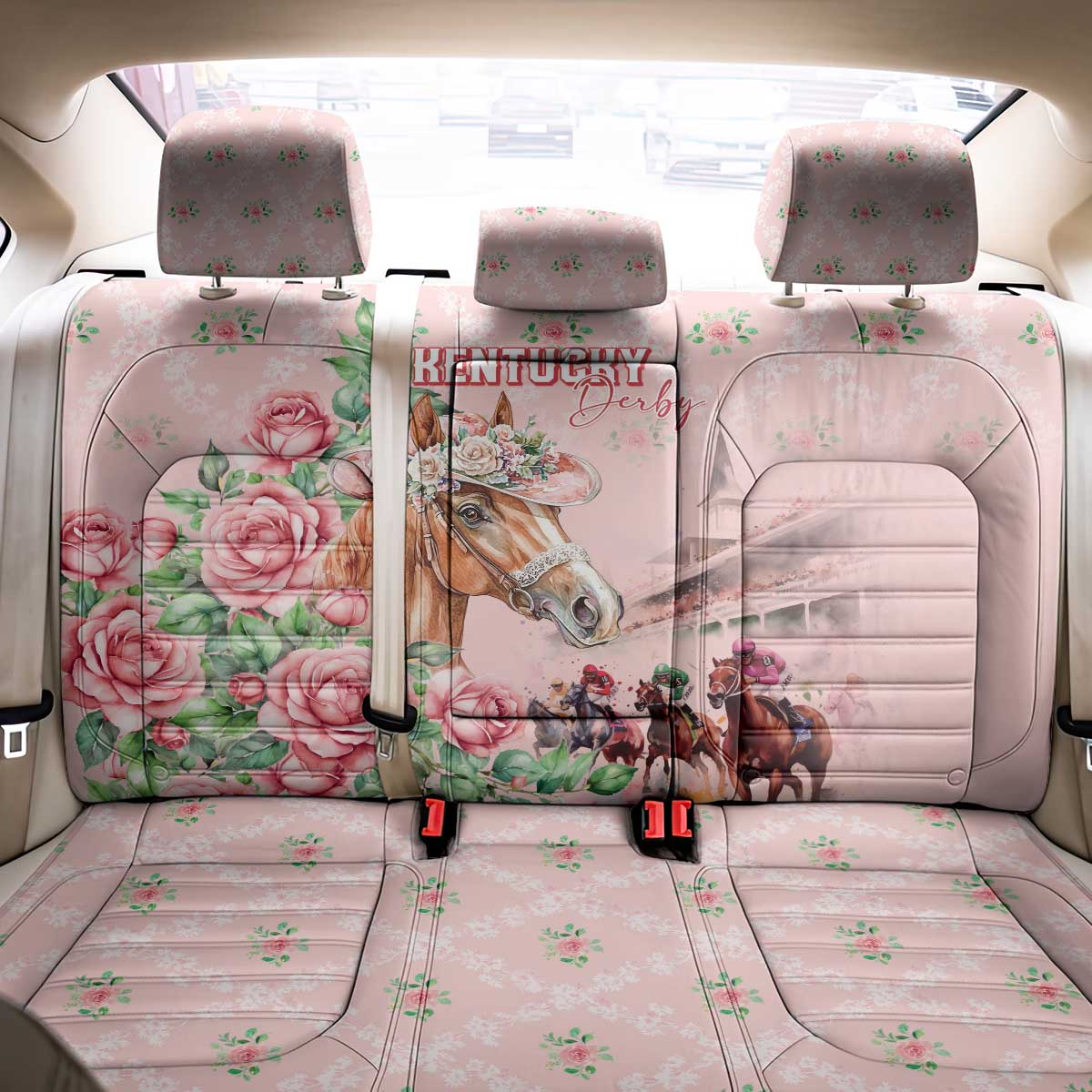 Kentucky Horse Racing Back Car Seat Cover Rose Diamond Pattern Pink