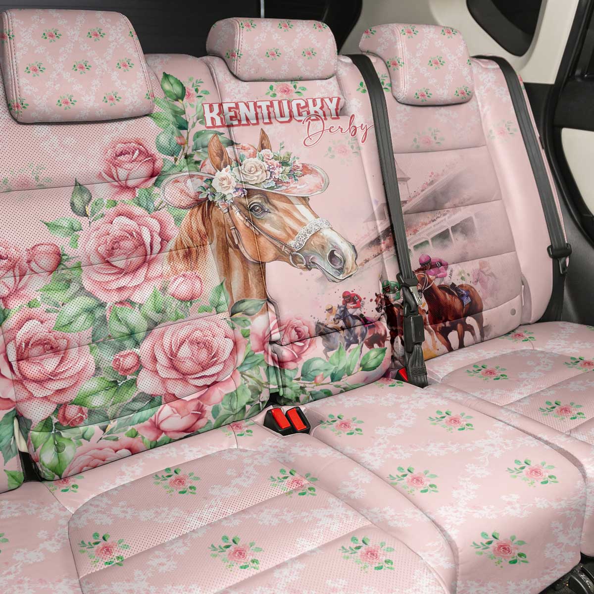 Kentucky Horse Racing Back Car Seat Cover Rose Diamond Pattern Pink