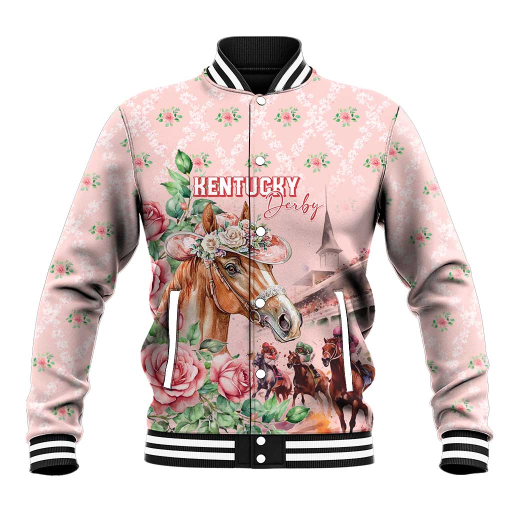 Personalized Kentucky Horse Racing Baseball Jacket Rose Diamond Pattern Pink