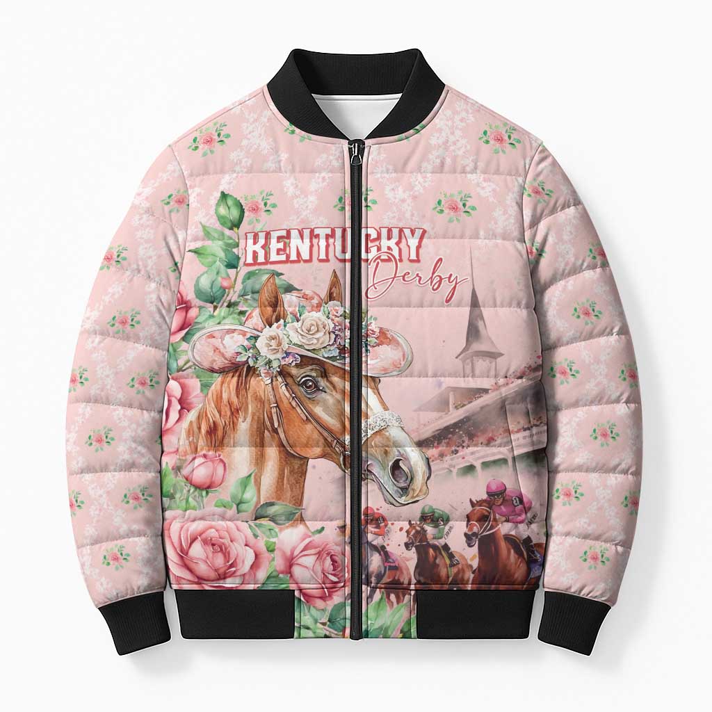 Personalized Kentucky Horse Racing Bomber Puffer Jacket Rose Diamond Pattern Pink