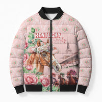 Personalized Kentucky Horse Racing Bomber Puffer Jacket Rose Diamond Pattern Pink