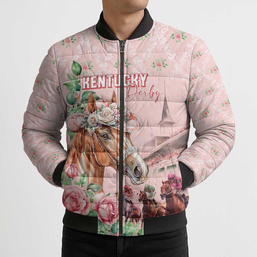 Personalized Kentucky Horse Racing Bomber Puffer Jacket Rose Diamond Pattern Pink