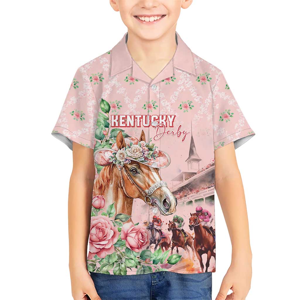 Personalized Kentucky Horse Racing Kid Hawaiian Shirt Rose Diamond Pattern Pink