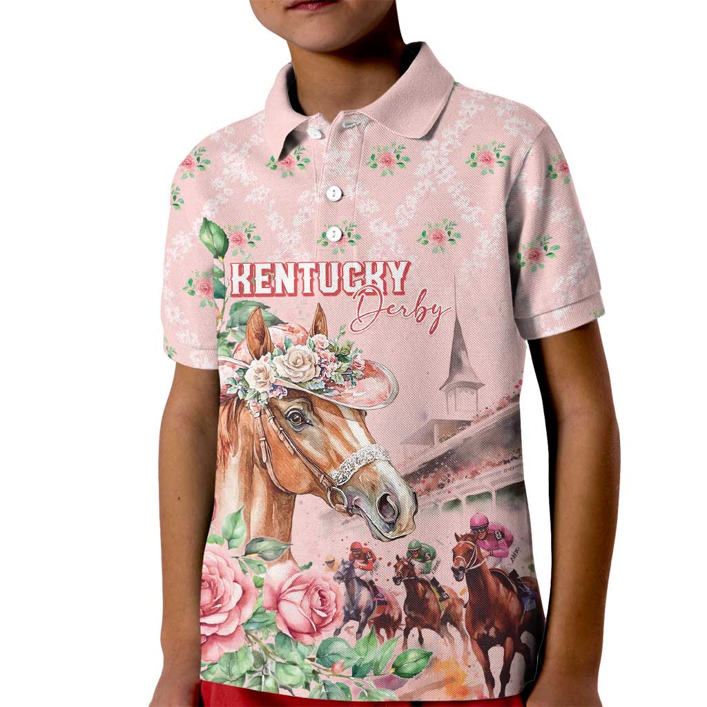 Personalized Kentucky Horse Racing Kid Polo Shirt Rose Diamond Pattern Pink
