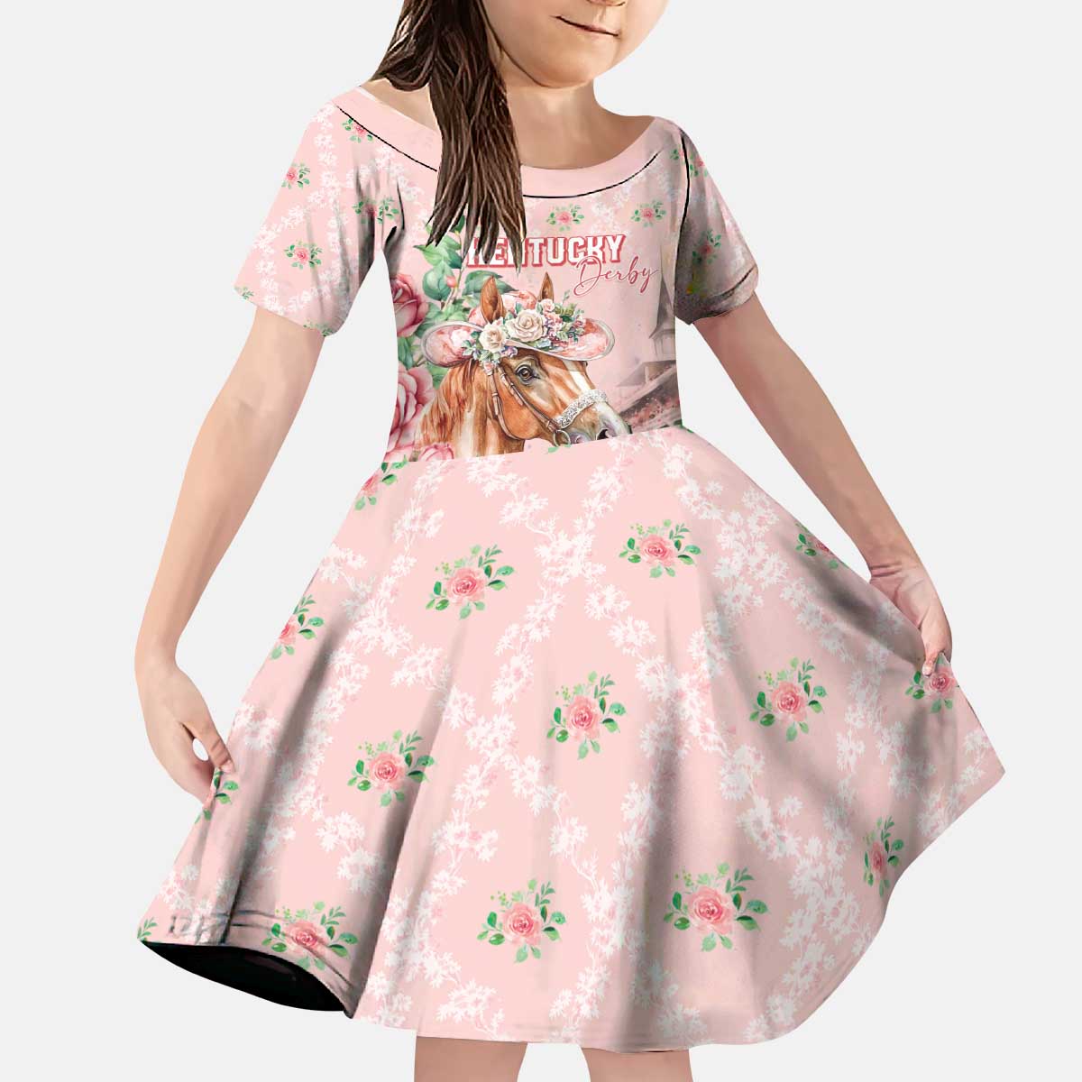Personalized Kentucky Horse Racing Kid Short Sleeve Dress Rose Diamond Pattern Pink
