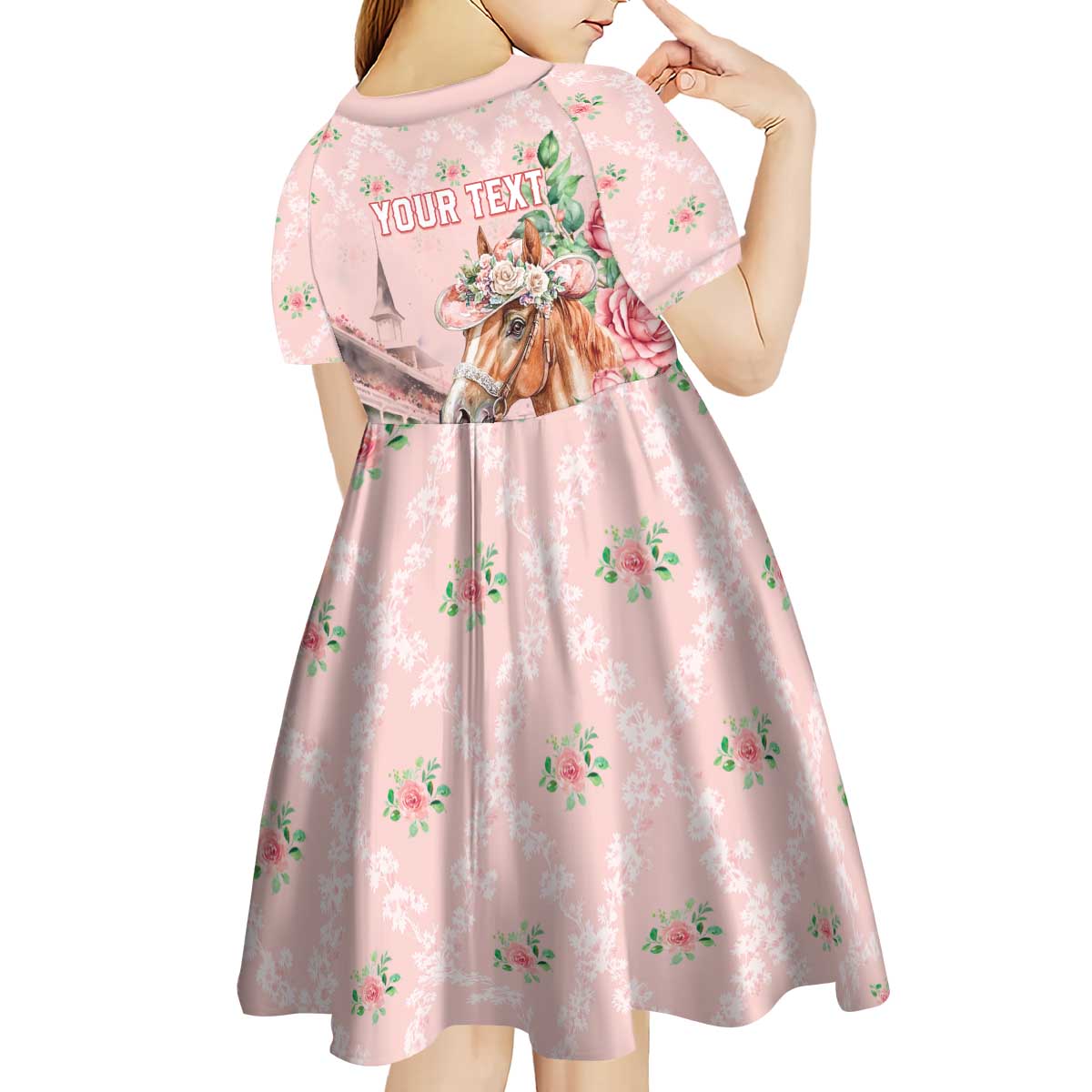 Personalized Kentucky Horse Racing Kid Short Sleeve Dress Rose Diamond Pattern Pink