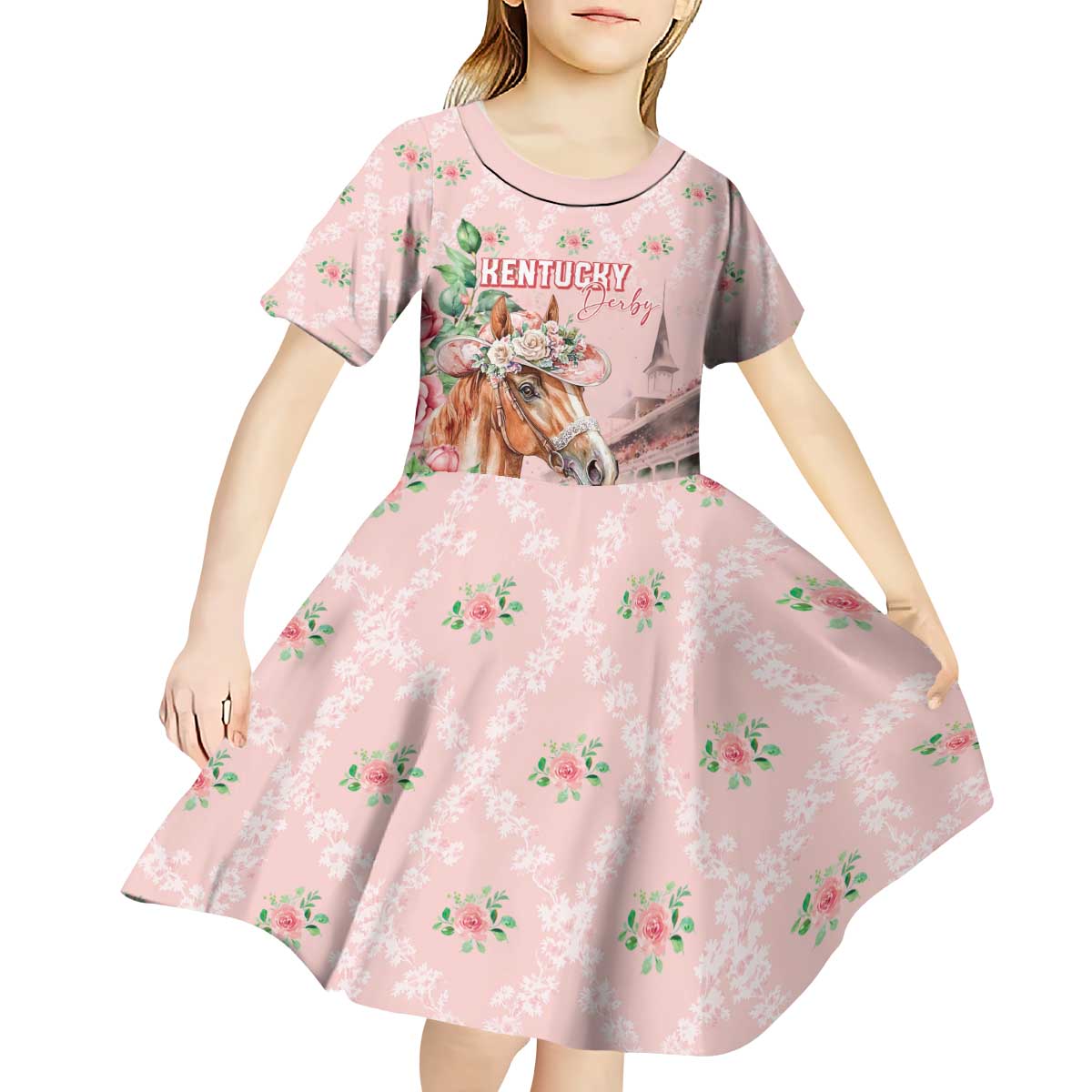 Personalized Kentucky Horse Racing Kid Short Sleeve Dress Rose Diamond Pattern Pink