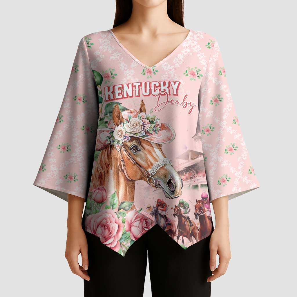 Personalized Kentucky Horse Racing Kimono Sleeve Blouse Rose Diamond Pattern Pink