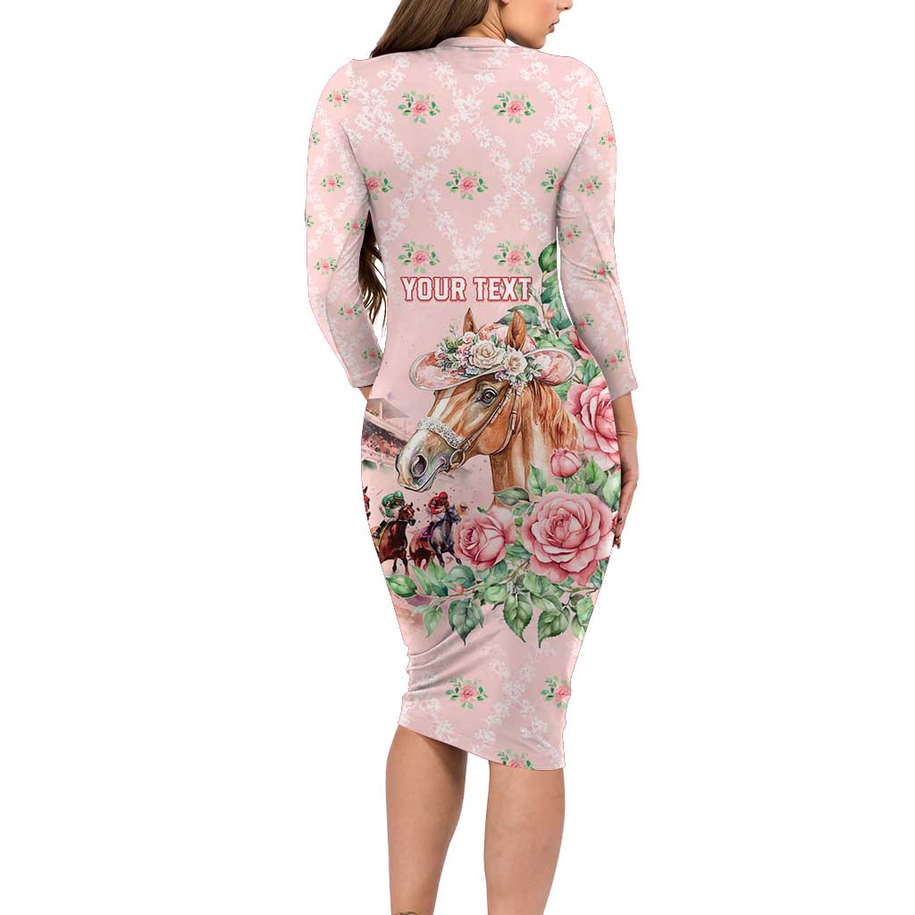 Personalized Kentucky Horse Racing Long Sleeve Bodycon Dress Rose Diamond Pattern Pink