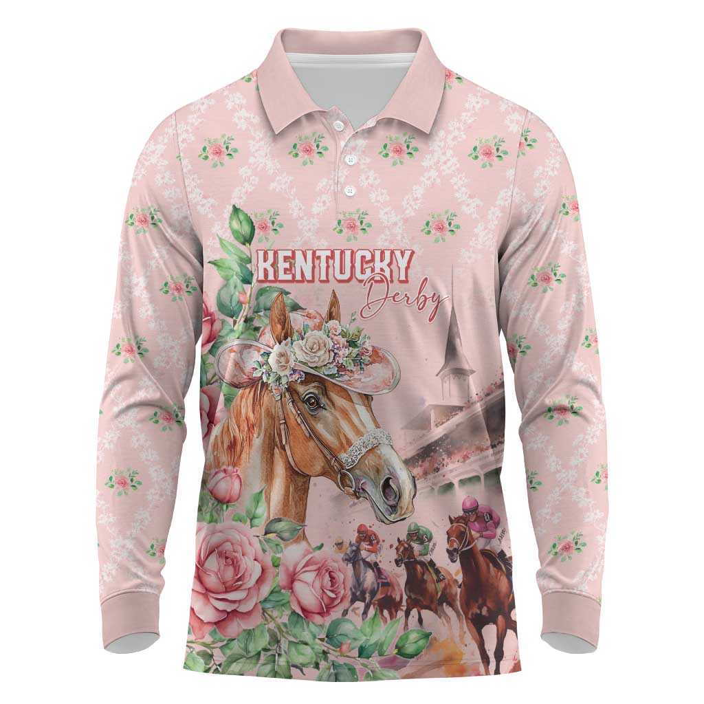Personalized Kentucky Horse Racing Long Sleeve Polo Shirt Rose Diamond Pattern Pink