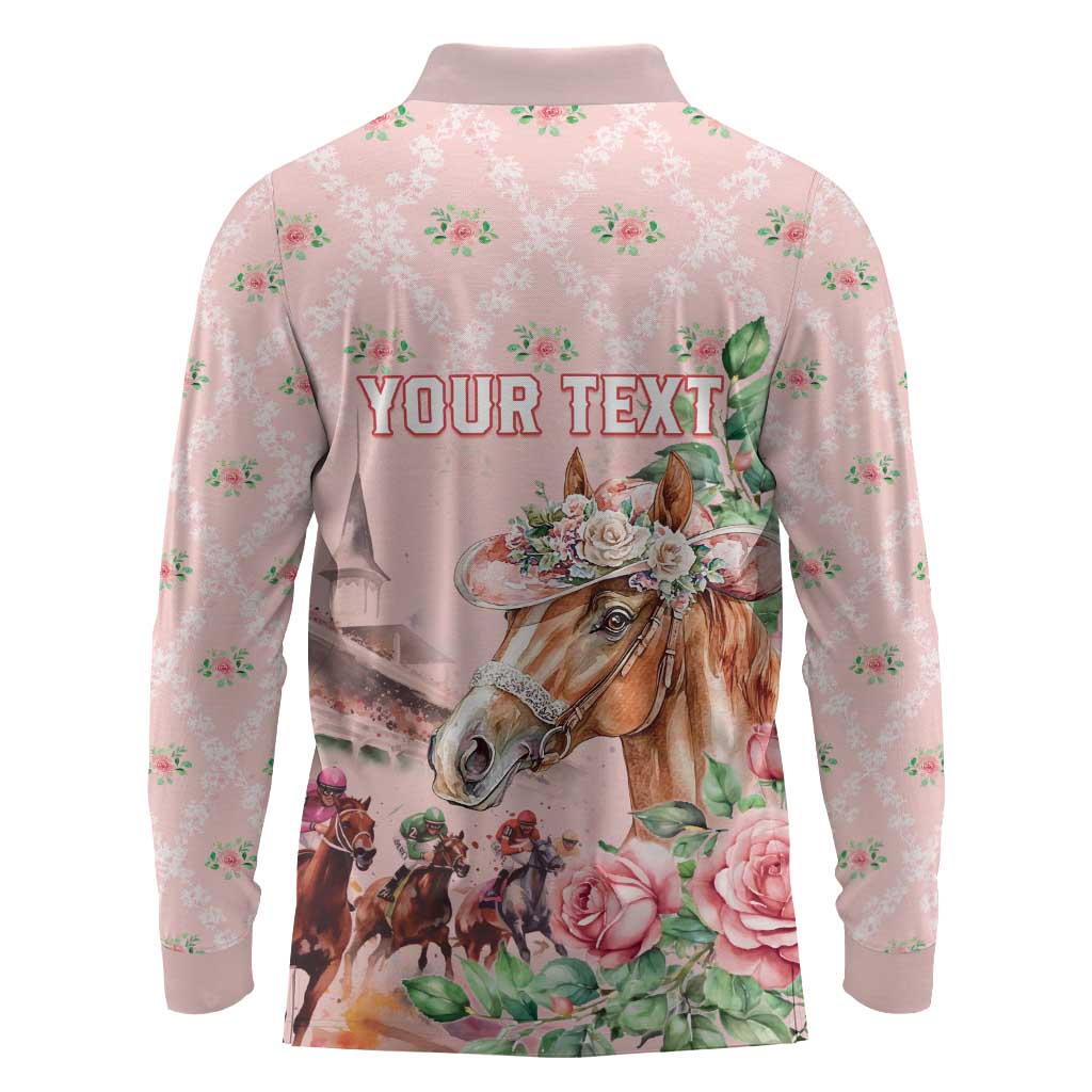 Personalized Kentucky Horse Racing Long Sleeve Polo Shirt Rose Diamond Pattern Pink