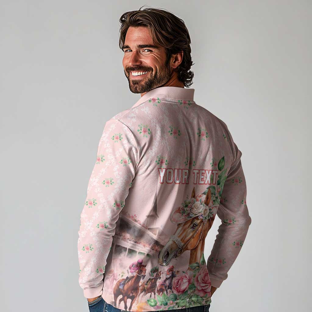 Personalized Kentucky Horse Racing Long Sleeve Polo Shirt Rose Diamond Pattern Pink