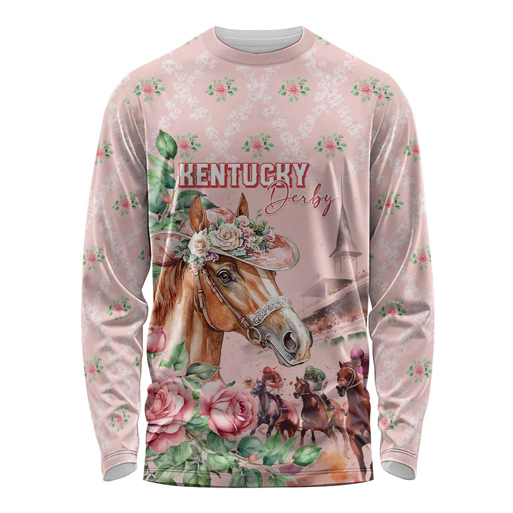 Personalized Kentucky Horse Racing Long Sleeve Shirt Rose Diamond Pattern Pink