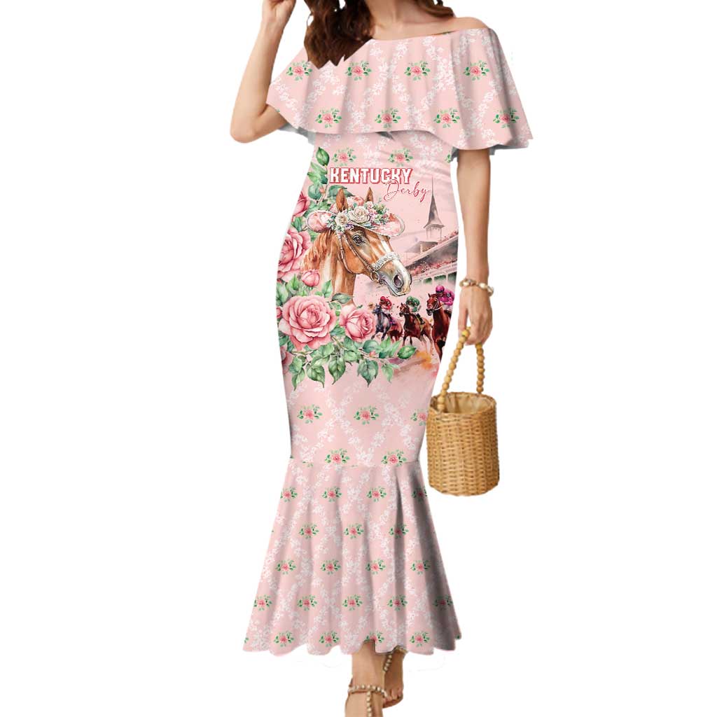 Personalized Kentucky Horse Racing Mermaid Dress Rose Diamond Pattern Pink