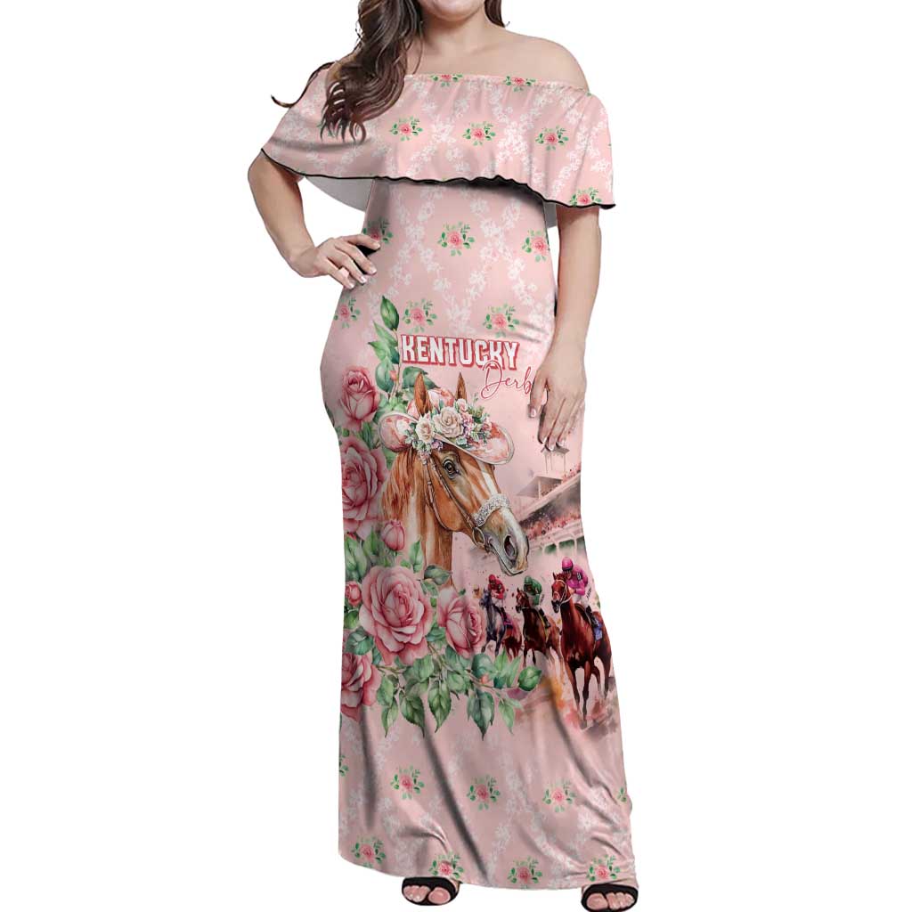 Personalized Kentucky Horse Racing Off Shoulder Maxi Dress Rose Diamond Pattern Pink