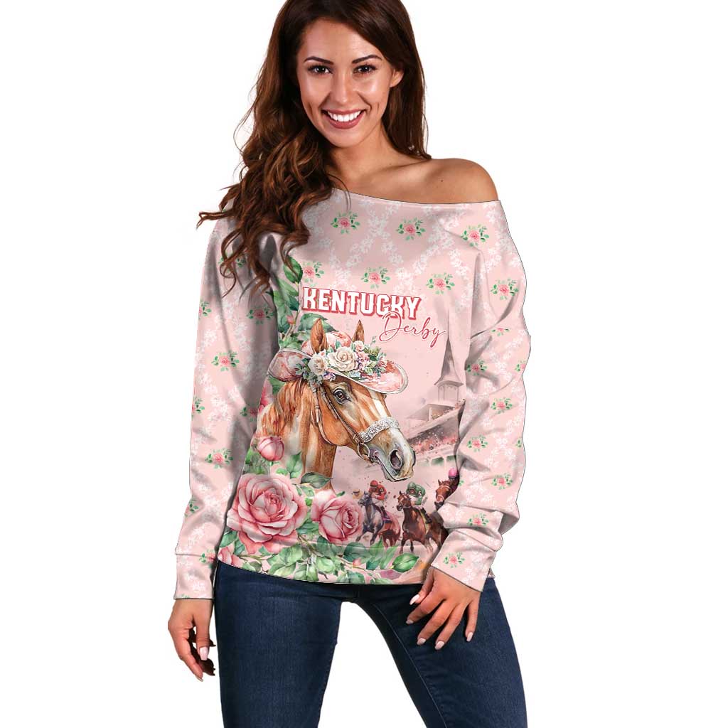 Personalized Kentucky Horse Racing Off Shoulder Sweater Rose Diamond Pattern Pink