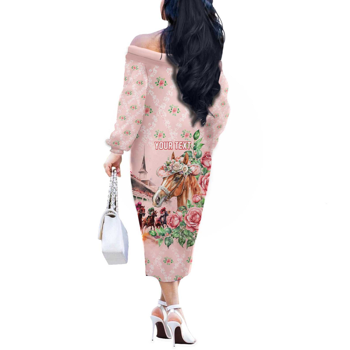 Personalized Kentucky Horse Racing Off The Shoulder Long Sleeve Dress Rose Diamond Pattern Pink