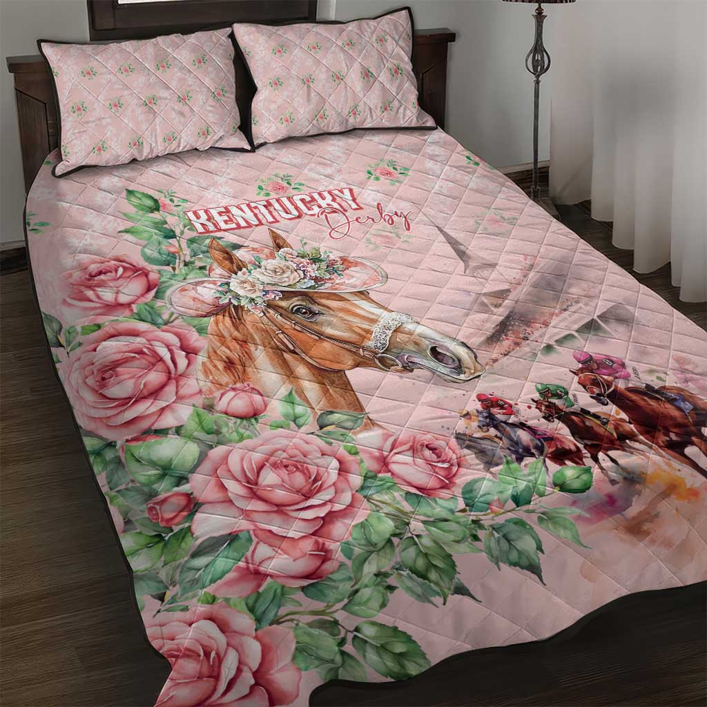 Kentucky Horse Racing Quilt Bed Set Rose Diamond Pattern Pink