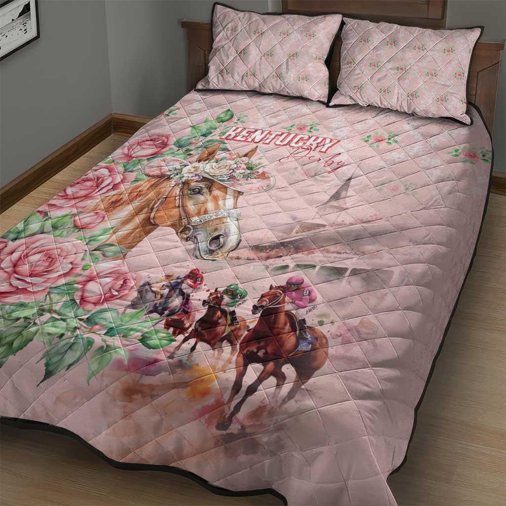 Kentucky Horse Racing Quilt Bed Set Rose Diamond Pattern Pink