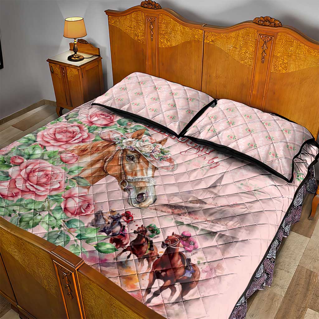 Kentucky Horse Racing Quilt Bed Set Rose Diamond Pattern Pink