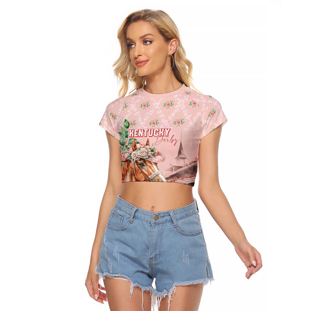 Personalized Kentucky Horse Racing Raglan Cropped T Shirt Rose Diamond Pattern Pink