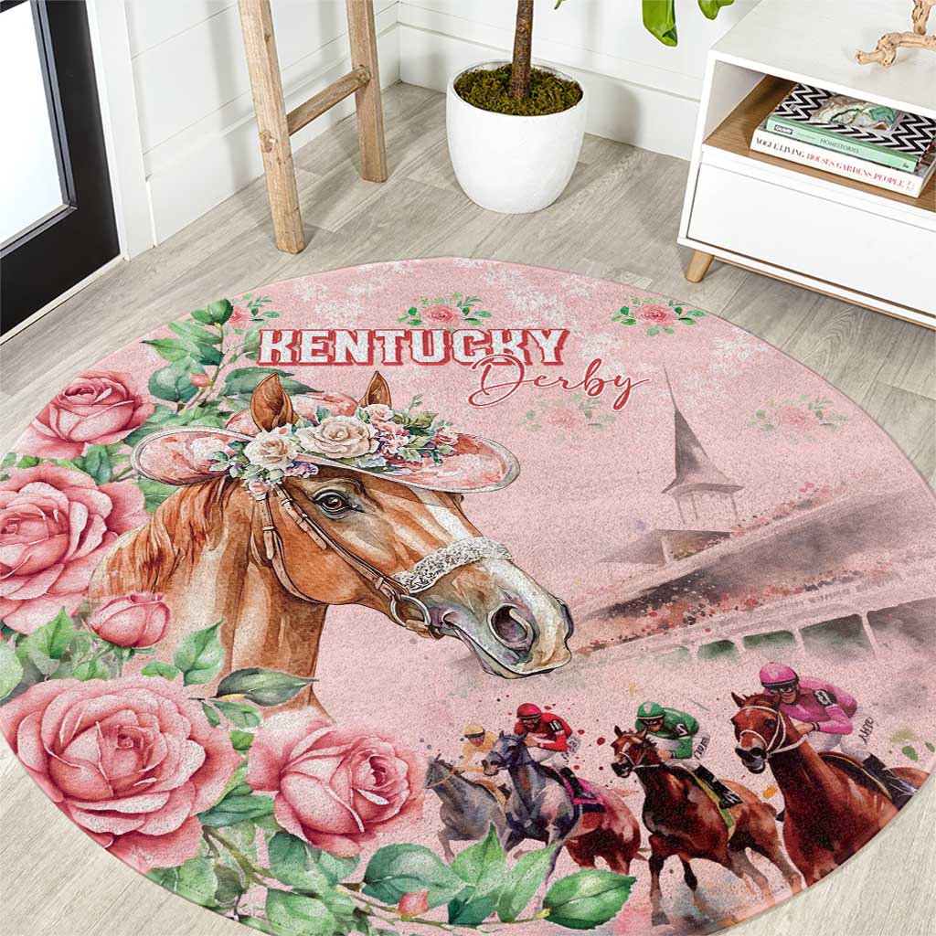 Kentucky Horse Racing Round Carpet Rose Diamond Pattern Pink