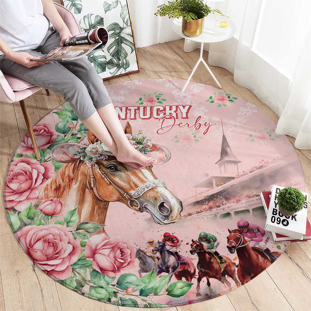 Kentucky Horse Racing Round Carpet Rose Diamond Pattern Pink