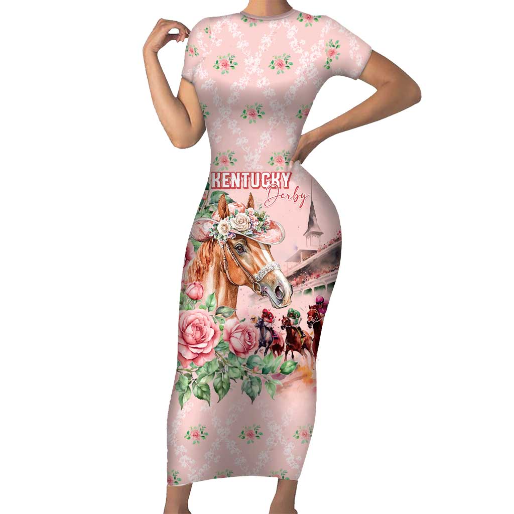 Personalized Kentucky Horse Racing Short Sleeve Bodycon Dress Rose Diamond Pattern Pink