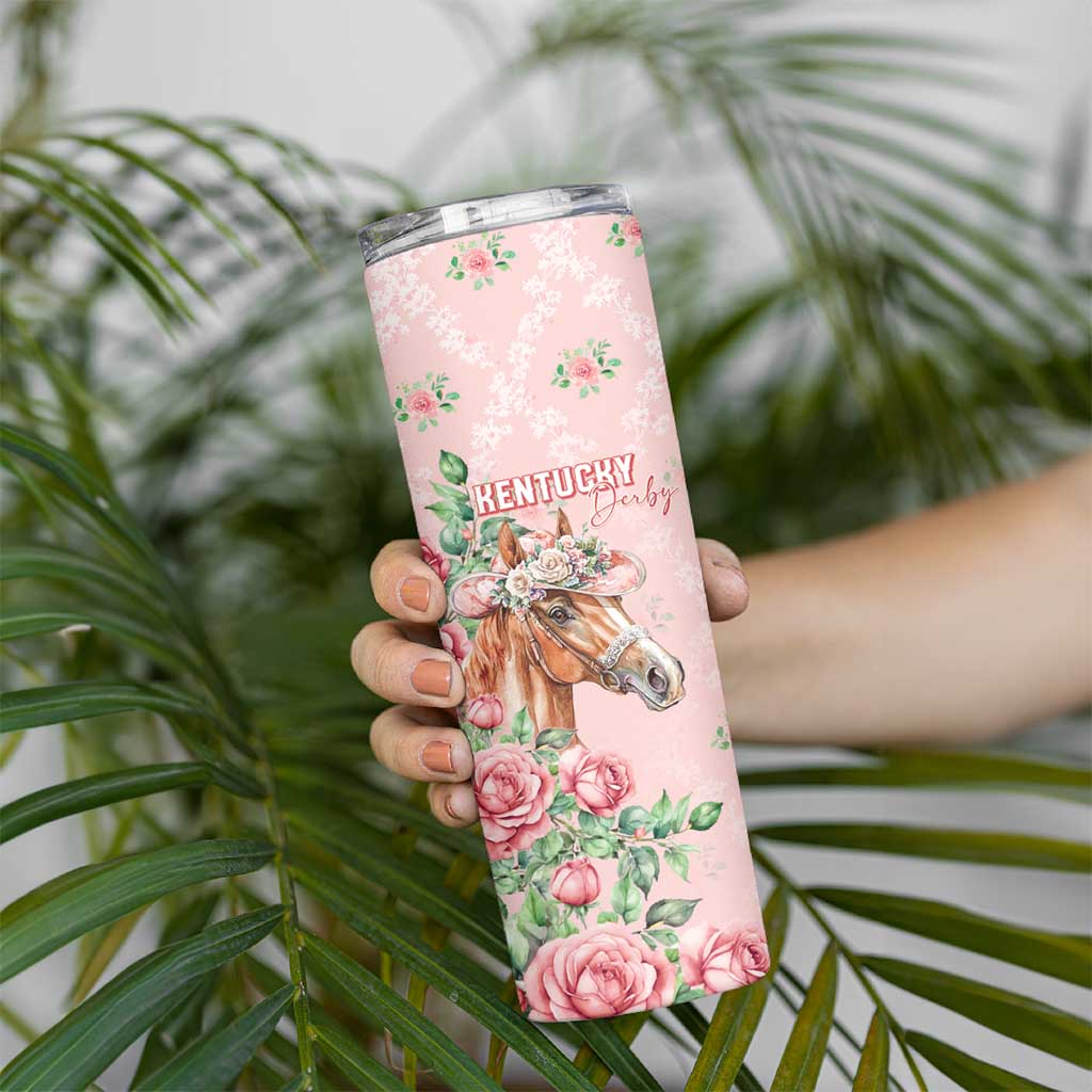 Personalized Kentucky Horse Racing Skinny Tumbler Rose Diamond Pattern Pink