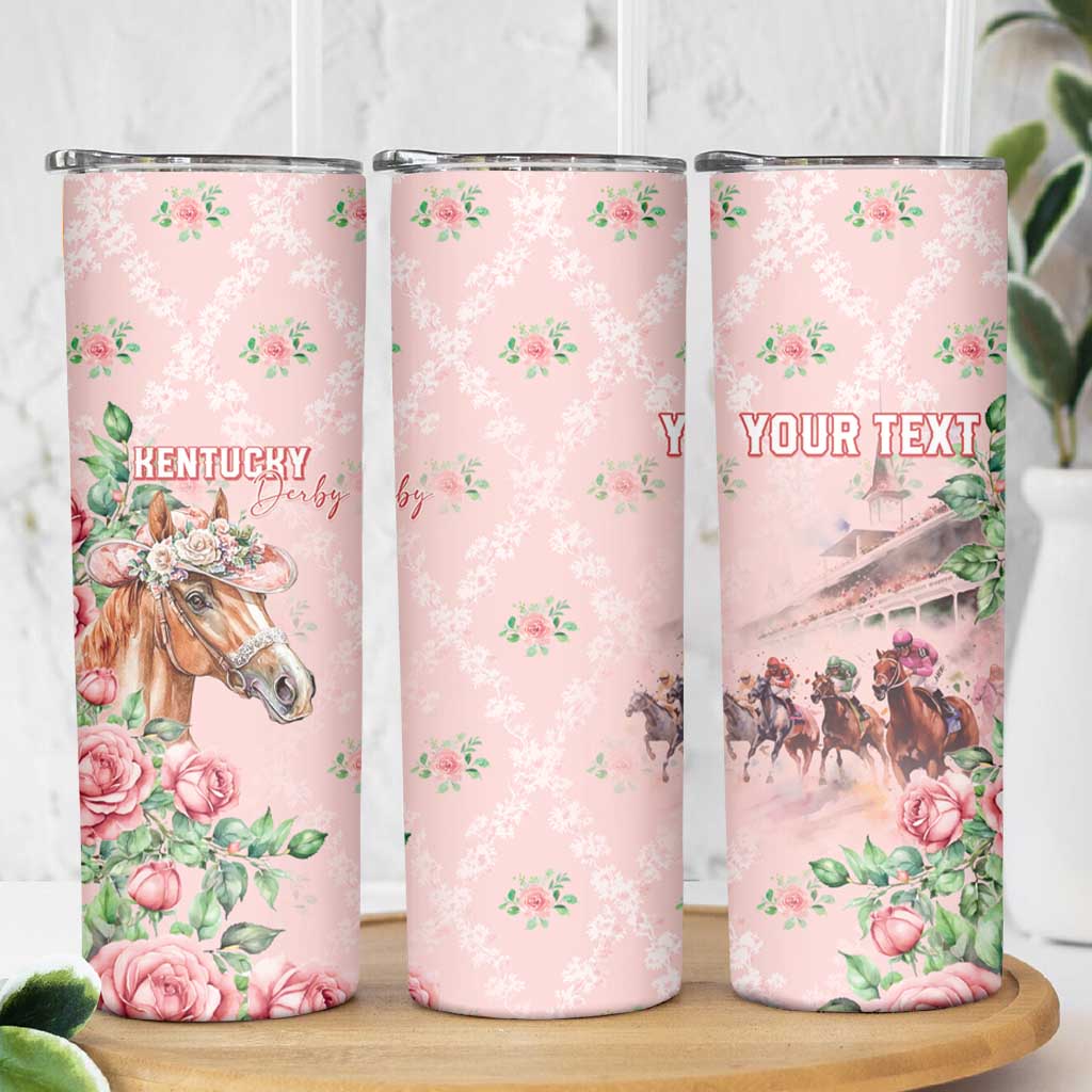 Personalized Kentucky Horse Racing Skinny Tumbler Rose Diamond Pattern Pink
