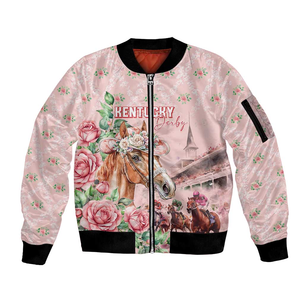 Personalized Kentucky Horse Racing Sleeve Zip Bomber Jacket Rose Diamond Pattern Pink