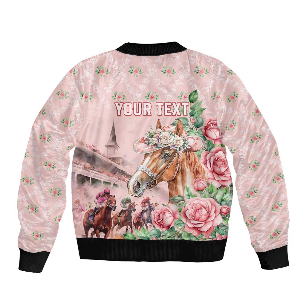 Personalized Kentucky Horse Racing Sleeve Zip Bomber Jacket Rose Diamond Pattern Pink