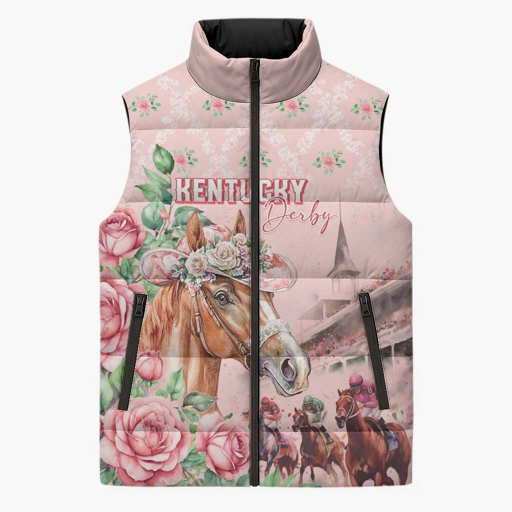 Personalized Kentucky Horse Racing Sleeveless Puffer Jacket Rose Diamond Pattern Pink