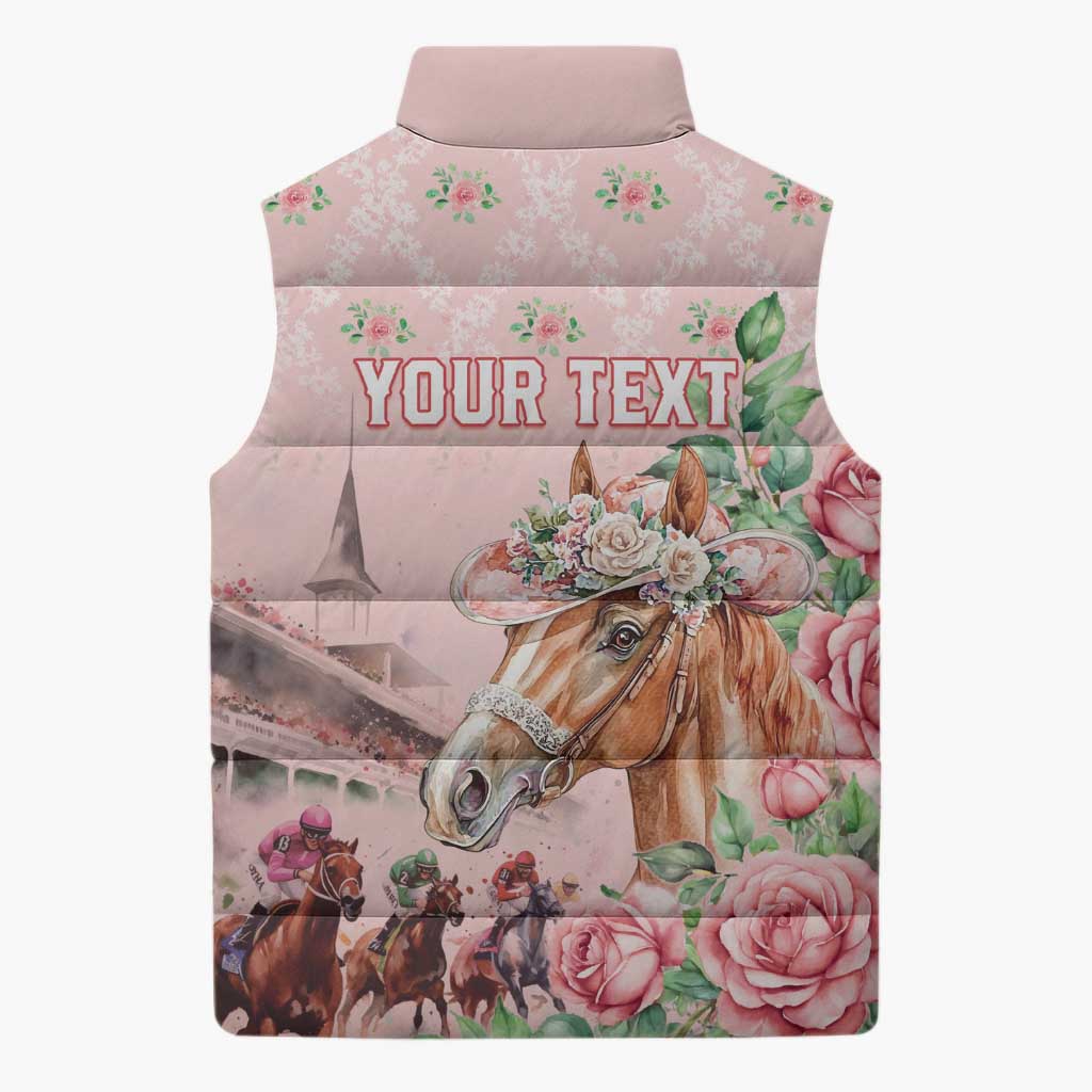 Personalized Kentucky Horse Racing Sleeveless Puffer Jacket Rose Diamond Pattern Pink