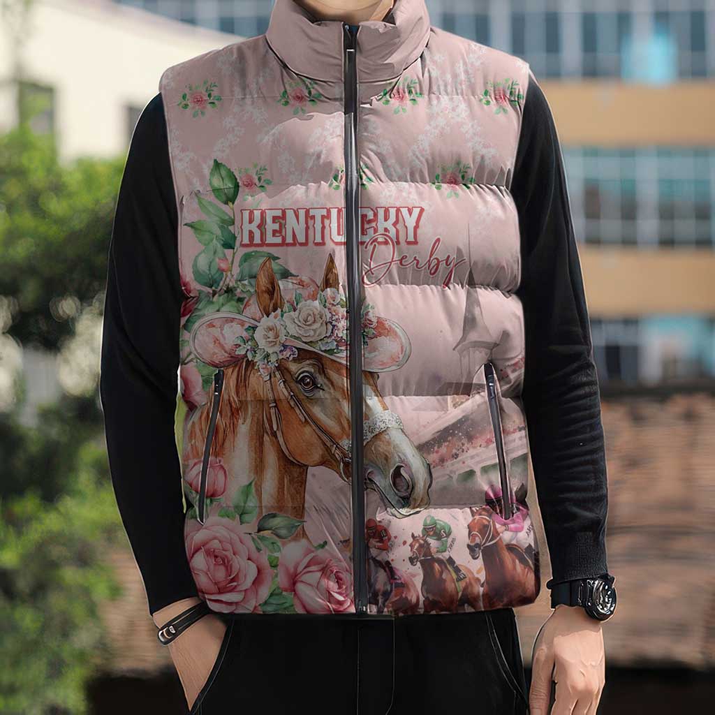 Personalized Kentucky Horse Racing Sleeveless Puffer Jacket Rose Diamond Pattern Pink