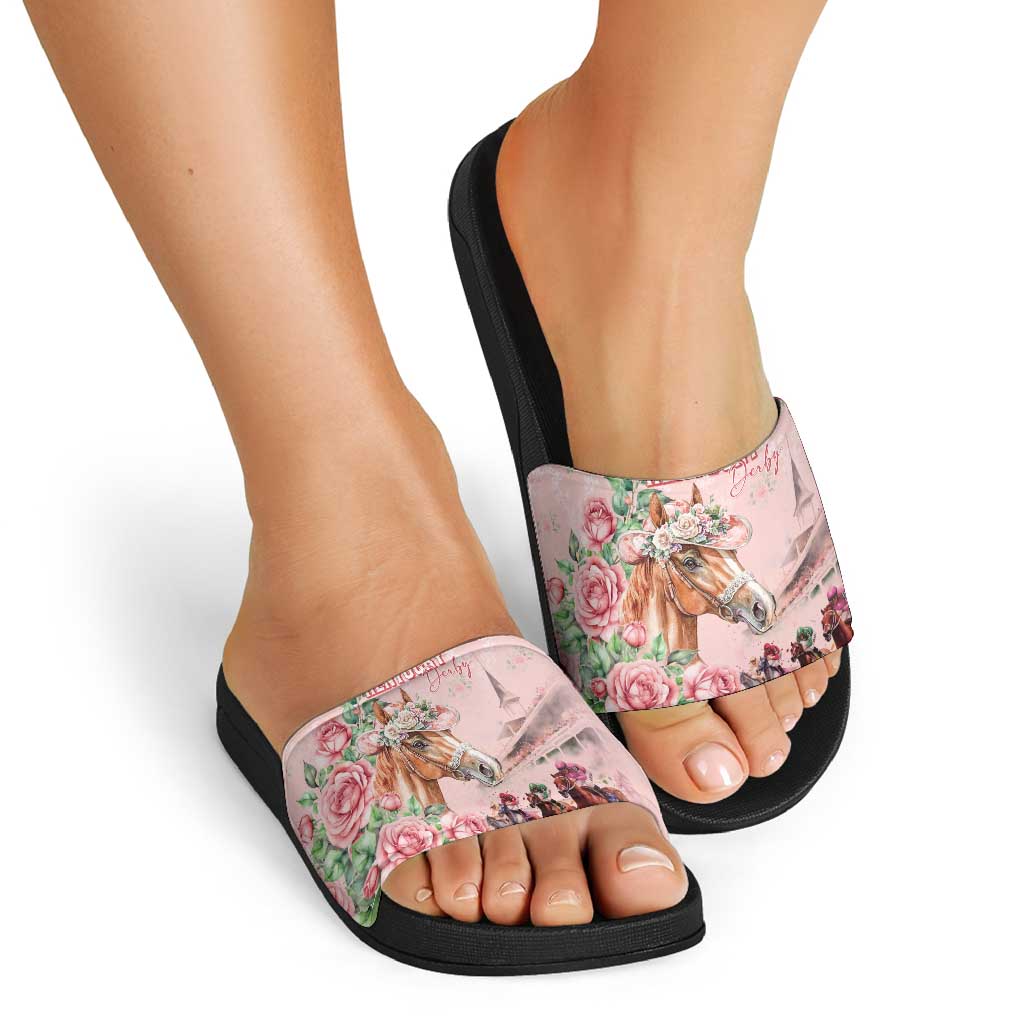Kentucky Horse Racing Slide Sandals Rose Diamond Pattern Pink