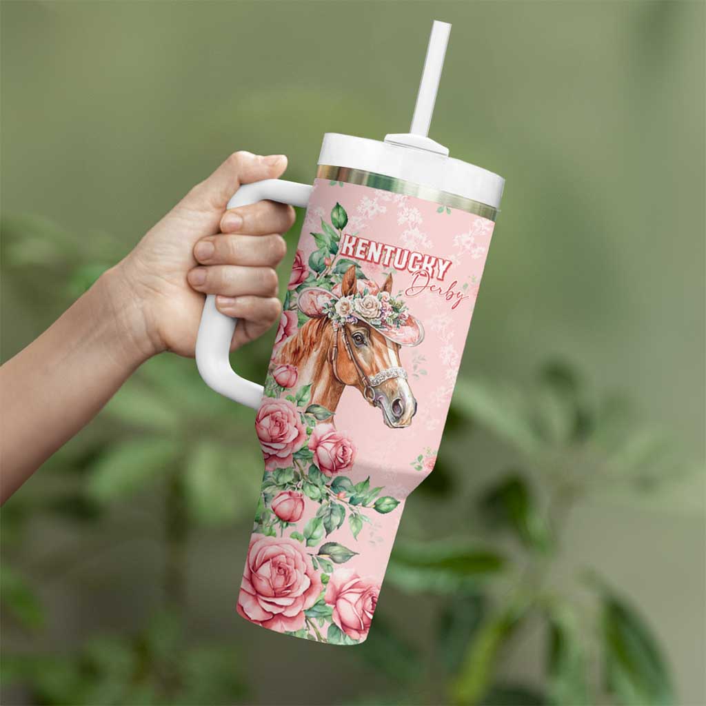 Personalized Kentucky Horse Racing Tumbler With Handle Rose Diamond Pattern Pink