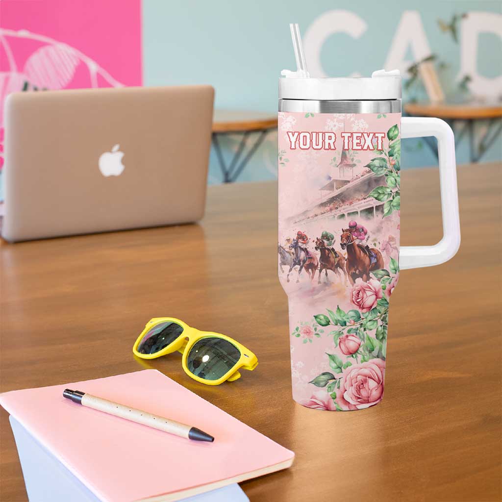 Personalized Kentucky Horse Racing Tumbler With Handle Rose Diamond Pattern Pink