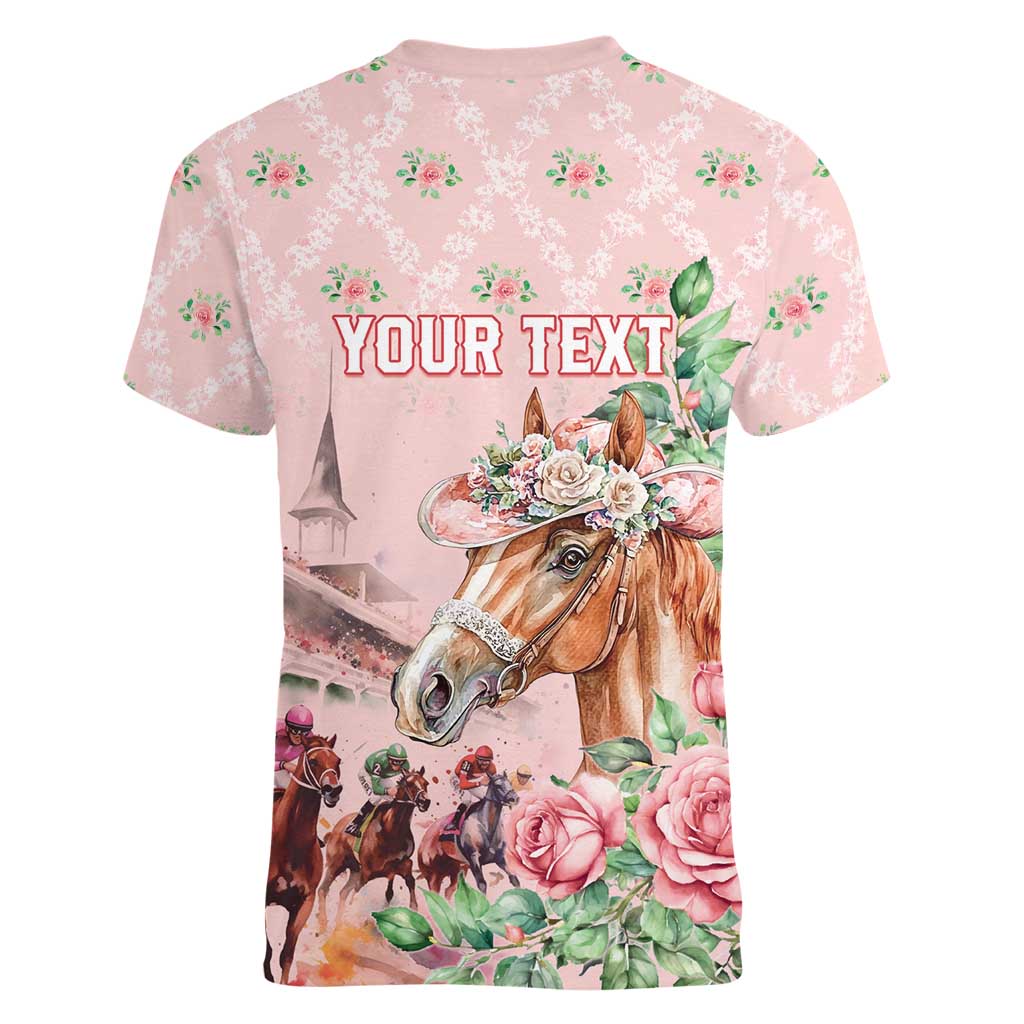 Personalized Kentucky Horse Racing Women V-Neck T-Shirt Rose Diamond Pattern Pink