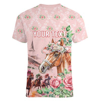 Personalized Kentucky Horse Racing Women V-Neck T-Shirt Rose Diamond Pattern Pink
